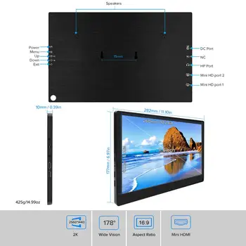 Eviciv 2K Subțire Portabil LCD Monitor HD De 11.6 Inch USB de Tip C, Hdmi, Ecran Extern Pentru Laptop Dual Display Telefon Xbox trece PS4