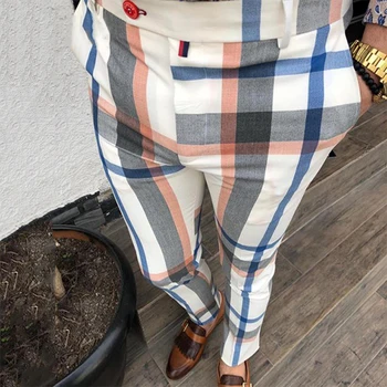 Barbati Carouri Pantaloni Costum Imprimate Color de Înaltă Talie Casual Sociale Check Pantaloni de Afaceri Slim Fit Uza de sex Masculin Rochie Haine de Toamna