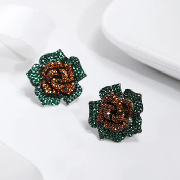 Frumos mare stud earring Pave Verde Siam Olivina de cristal pietre de culoare Rodiu placa de bijuterii pentru femei big rose cercei floare