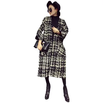 Tendință de moda pentru femei haină lungă din lână de toamnă și de iarnă noi houndstooth tweed direct canadiană cardigan