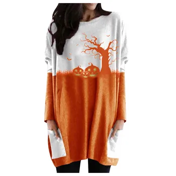 Femei Felinar de Halloween Dovleac Fantoma Tricou Costum de Față, Mâneci Lungi, Topuri trunchiate tricotate v gât pulover 9.13