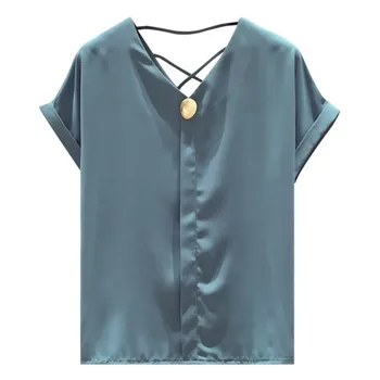 Solid V-neck Șifon Bluza Blusas Mujer De Moda de Vara Noi-coreean Liber Maneci Scurte Birou Doamnă în Haine Albe Topuri Blusas 9306