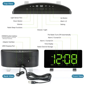 Ceasuri de alarmă pentru Dormitoare cu Radio FM, Dual Alarme, 6.7 Inch LED Sn, Port USB pentru Încărcare, 4 Luminozitate, 12/24H