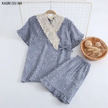 Femeii Sleepwear Scurt Maneca Kimono Topuri pantaloni Scurți de Pijama Set Strat Dublu de Tifon de Bumbac Absorbant de Sudoare de Vară Pijama Uzura Acasă