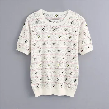 Femei vara dulce broderii florale alb za tricotate bluza feminin noua moda 2020 streetwear maneca scurta bluze tricotate bluze