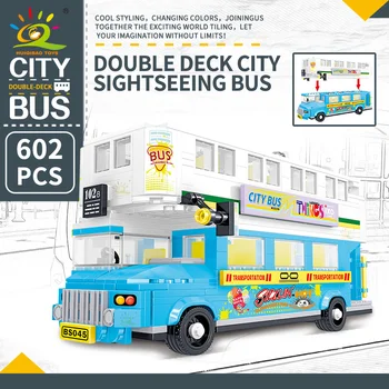HUIQIBAO JUCĂRII 602pcs Blue Double Decker Bus Blocuri de Constructii pentru Copii City Creator Van Vehicul Auto Set Cu Cifre Cărămizi