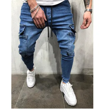 Nou stil pentru Bărbați Dantela-up blugi cu Fermoar Multi-buzunar de Pantaloni de Creion Blugi Slim Hip-Hop pantaloni negru și albastru Calça Jogger blugi