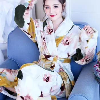Femei Halate de Flanel Cald Halat de baie Desene animate Print Kimono Lounge Îngroșa Femele de Agrement Chic Moale Trendy Acasă Purta cu Cercevele Noi