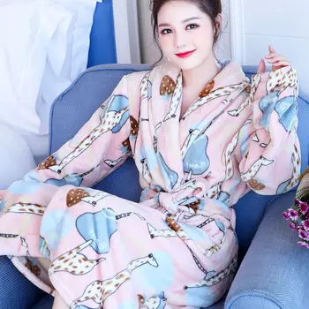 Femei Halate de Flanel Cald Halat de baie Desene animate Print Kimono Lounge Îngroșa Femele de Agrement Chic Moale Trendy Acasă Purta cu Cercevele Noi