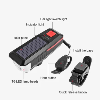 Energie solară de Biciclete Lumina cu Corn T6 LED-Road Biciclete MTB Față de Lumină USB Reîncărcabilă Farurilor 3 Moduri de Ciclism Lampă de Cap