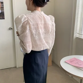 Coreeană Chic Vintage Bluza Femei Dantelă Gol Topuri Casual Cârlig De Flori Bluze Stand Guler Subțire De Caise Puff Maneca Tricouri 12624
