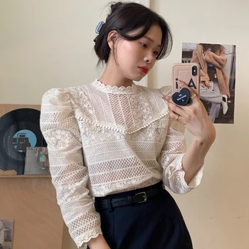 Coreeană Chic Vintage Bluza Femei Dantelă Gol Topuri Casual Cârlig De Flori Bluze Stand Guler Subțire De Caise Puff Maneca Tricouri 12624
