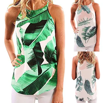 GRATUIT STRUȚ Femei T Shirt Sexy Frunze de Imprimare fără Mâneci O-gât Print Verde Moale Drăguț Tendință Elegant, Nobil de Vara T-Shirt Pentru Femei