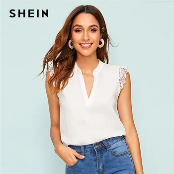 SHEIN V-Placket Dantelă Trim Shell Top 2019 Elegant V-gât Guler Stand de Vară fără Mâneci Femei Topuri si Bluze