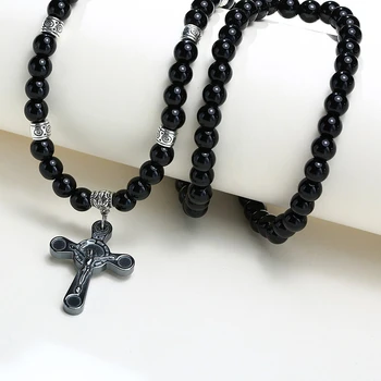 Vnox Barbati Negru Piatra Carneol Rozariul Margele Colier Cruce Crucifix Catolic de sex Masculin Rugăciune Religioasă Bijuterii