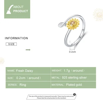 BISAER Daisy Floare Inel Argint 925 Reglabil Deschide Zircon Galben Inele Pentru Femei cel Mai bun Cadou Bijuterii 2020 EFR127