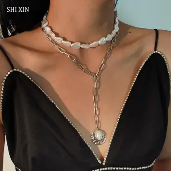SHIXIN 2 Buc/Set Baroc Perla Cravată Colier Colace pentru Femei Lanț Lung Cu Monede Colier Pandantiv 2020 Moda Bijuterii Cadouri
