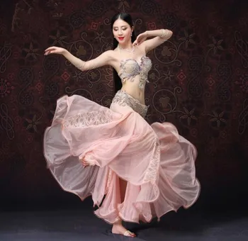 Belly Dance profesionist Costum Femei de Performanță Costum de Dantela Dans Rochie Cu Stras 3pcs/Set (Sutien, Fusta Centură) Roz
