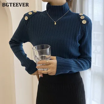 BGTEEVER 2020 Butoane Elegante Femei Guler Gros Tricotaje Bluze Casual Manșon Complet Întins de sex Feminin Subțire Pulover Pulovere