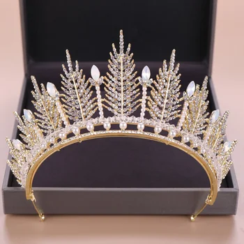 De Lux Mireasa Coroana De Frunze Stras Pearl Aur Tiara De Mireasa Accesorii De Par Regina Balului Coroana De Nunta Bijuterii Accesorii De Par