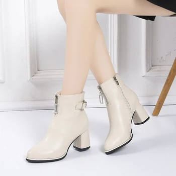 Rimocy Femei Pătrat Tocuri Glezna Cizme Toamna Iarna 2020 Moda Stras Zip Catarama din Piele PU Cizme Scurte Femei Pantofi