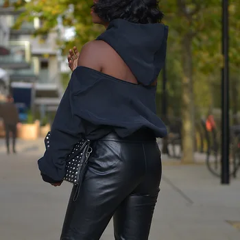 2020 Moda Sexy Backless Femei Plus Dimensiune Hoodie Tricoul De Pe Umăr Design Solid Negru Hanorace Galben Vrac Buzunar Cu Fermoar