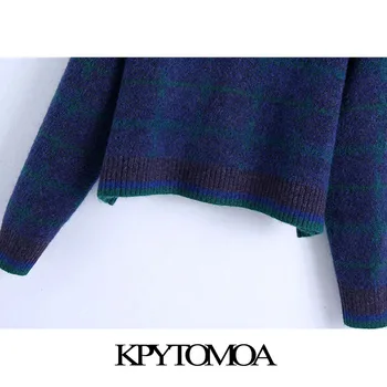 KPYTOMOA Femei 2020 Moda Cu Nervuri Trim Verifica Trunchiate Pulover Tricotate Vintage Maneca Lunga Femei Pulovere Topuri Chic