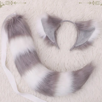 2 buc cu Blană cu Urechi de Pisică Bentita Coada Set Benzi Pufoase de Animale de Pluș Cosplay Costum X6HE