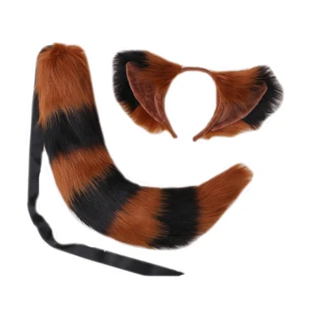 2 buc cu Blană cu Urechi de Pisică Bentita Coada Set Benzi Pufoase de Animale de Pluș Cosplay Costum X6HE