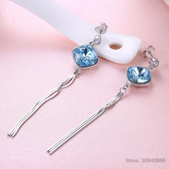 LEKANI Pătrat Albastru Cristale Lanț Lung Picătură Cercei S925 Argint Ciucure Legăna Bine Cercei Pentru Femei