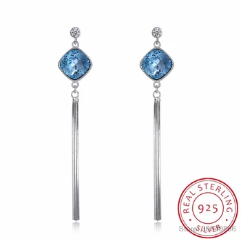 LEKANI Pătrat Albastru Cristale Lanț Lung Picătură Cercei S925 Argint Ciucure Legăna Bine Cercei Pentru Femei