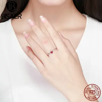 BISAER Anel 925 Sterling Silver Pink CZ Inima Dragoste Săgeată Reglabil pe Deget Inele pentru Femei de Argint Logodna Bijuterii ECR436