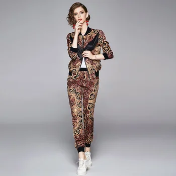 2020 Primăvară Pistă de Moda de Lux Imprimate Pantaloni Costum Femei Vrac Fermoar Jacheta Haina + Elastic Talie Pantaloni Set de Două Piese