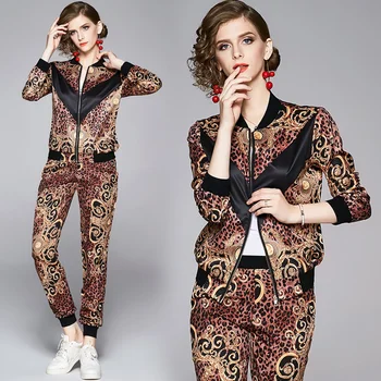 2020 Primăvară Pistă de Moda de Lux Imprimate Pantaloni Costum Femei Vrac Fermoar Jacheta Haina + Elastic Talie Pantaloni Set de Două Piese