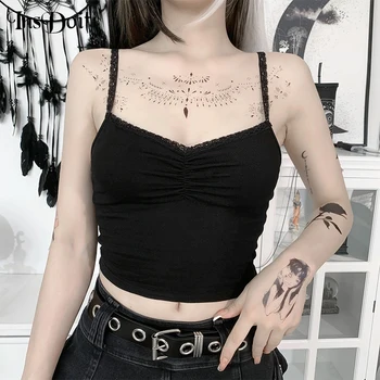 InsDoit Goth Negru Fără Mâneci Camis Sexy Slim Streetwear Spaghete Curea Bretele Femei Ruched De Vară De Moda Elegant Culturilor Sus