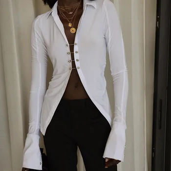 VIBESOOTD Guler de Turn-Down Moda Sexy Cardigan Bluza Camasi Elegante Femei cu Pieptul Sus Bluza Flare Sleeve Alb Blusas