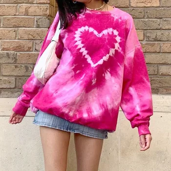 Supradimensionate Tie Dye Print Jachete Femei Model Inima Roz Drăguț Kawaii Y2K Haine cu Maneca Lunga de Toamna Pulovere Streetwear