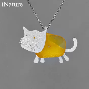 INATURE Chihlimbar Natural Pisica Drăguț Pandantiv Colier Argint 925 Bijuterii Cadouri pentru Femei Fata
