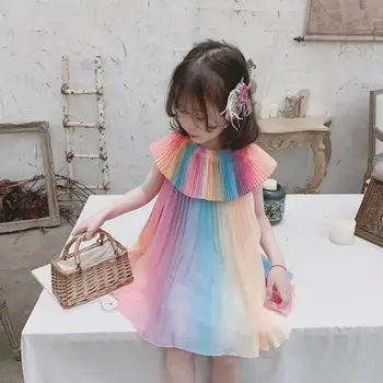 Îmbrăcăminte pentru copii Fete Rochie de Vară 2020 Noua Moda de Culoare Curcubeu fără Mâneci Șifon Rochii de Vânzare Fierbinte Elegant Rochie de Printesa