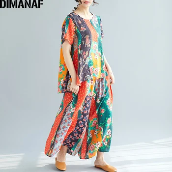 DIMANAF Plus Dimensiunea Femei Seturi de Vară Dimensiune Mare Libertate de sex Feminin Set Costume de Bumbac Doamna Topuri Tricou Pantaloni Lungi Vintage Print Floral 2021