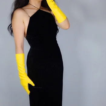 Extra Lungi Mănuși de Piele de sex Feminin 70cm Faux din Piele de Emulare piele de Oaie Banana Galben Femei Manusi Petrecere Seara WPU293