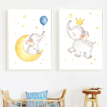 Elefant Luna Balon Coroana Pepinieră Arta De Perete Panza Pictura Nordică Postere Si Printuri Poze De Perete Copilul Băiat Fată Cameră Decor