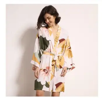 Noi Sleepwear Halat de Primăvară Subțire de Bumbac-mătase Femei camasa de noapte cu Flori Imprimate cu maneca Lunga, Pijamale Halat de baie pentru Femei