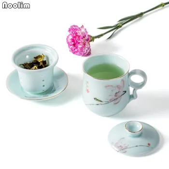 NOOLIM Jingdezhen Ceramica Celadon Ceașcă de ceai cu Capac si Filtru de Birou Ceașcă de Ceai de Portelan Cana de Apa de uz Casnic Drinkware Cadou