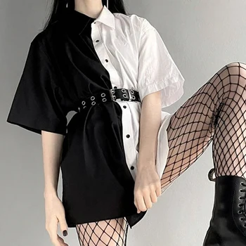 XUXI de Vară 2020 Femei Tricou Maneci Scurte Streetwear Contrast Alb-Negru Împletit în Vrac Subțire în jos Rândul său Guler Bluza FZ2484