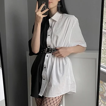 XUXI de Vară 2020 Femei Tricou Maneci Scurte Streetwear Contrast Alb-Negru Împletit în Vrac Subțire în jos Rândul său Guler Bluza FZ2484