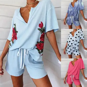 Femei V-Neck T-shirt, pantaloni Scurți Cordon imprimeu Floral cu Nervuri Sleepwear Set de Pijama