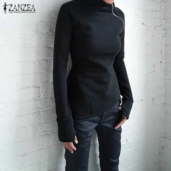 Femei Jachete Bluze 2021 ZANZEA Casual Solid Bluza cu Maneci Lungi Pulovere Hanorace cu Guler Slim Fit Fermoare Supradimensionate