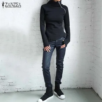 Femei Jachete Bluze 2021 ZANZEA Casual Solid Bluza cu Maneci Lungi Pulovere Hanorace cu Guler Slim Fit Fermoare Supradimensionate