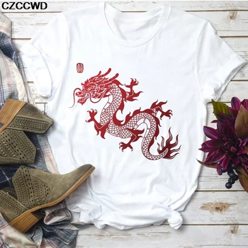 Vogue Streetwear Topuri pentru Femei T-shirt Ulzzang Harajuku Epocă China Dragon Print T-shirt de Vara Noi Supradimensionat Liber Casual Femei